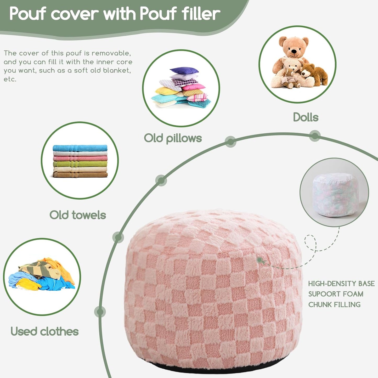 HIGOGOGO Round Stuffed Pouf Ottoman, Plaid Poufs with Foam Chunk Filling, Fluffy and Furry Pouf Foot Stool Storage Ottoman, 26 X 18 Floor Poufs Foot Rest for Living Room, Pink