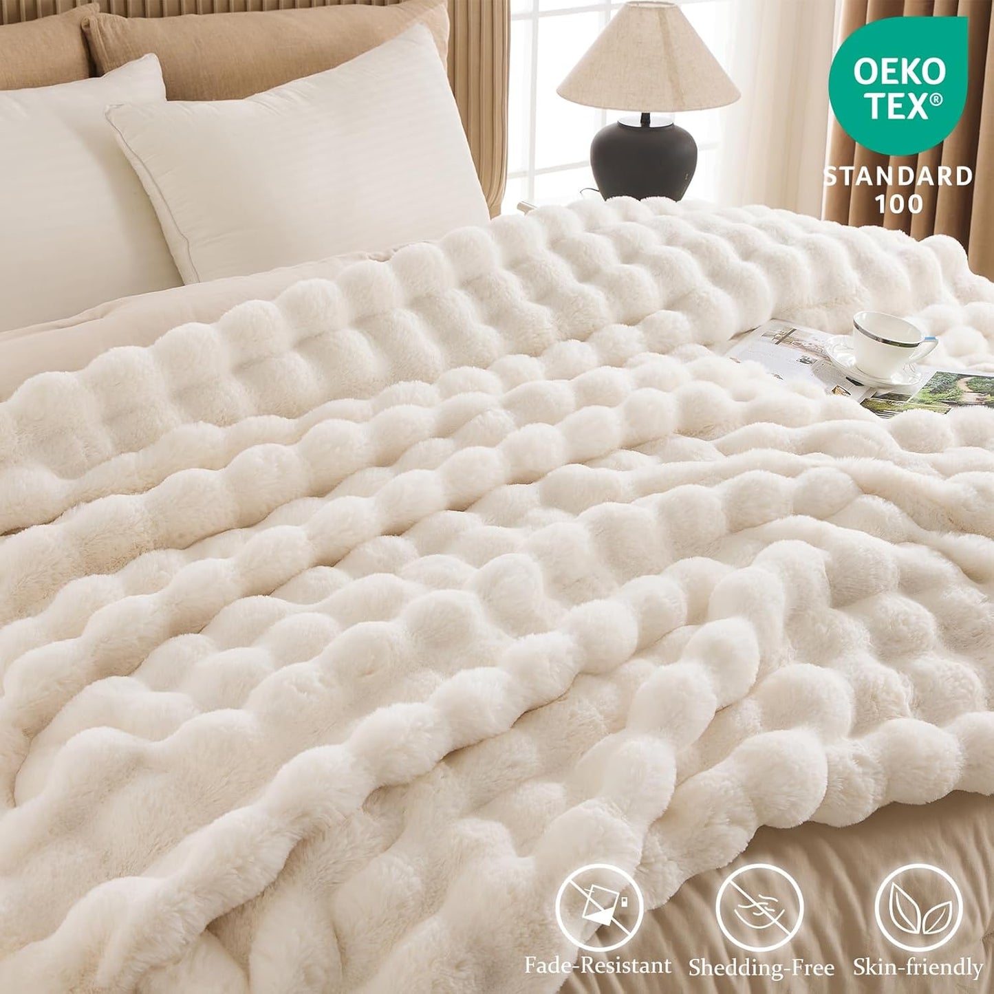 Cozy Faux Fur Throw Blanket for Couch-Warm Fuzzy Throw Blanket, Soft Plush Thick Bubble Blankets for Bedroom and Living Room, Furry Luxury Blanket, 50 x 60, Cream