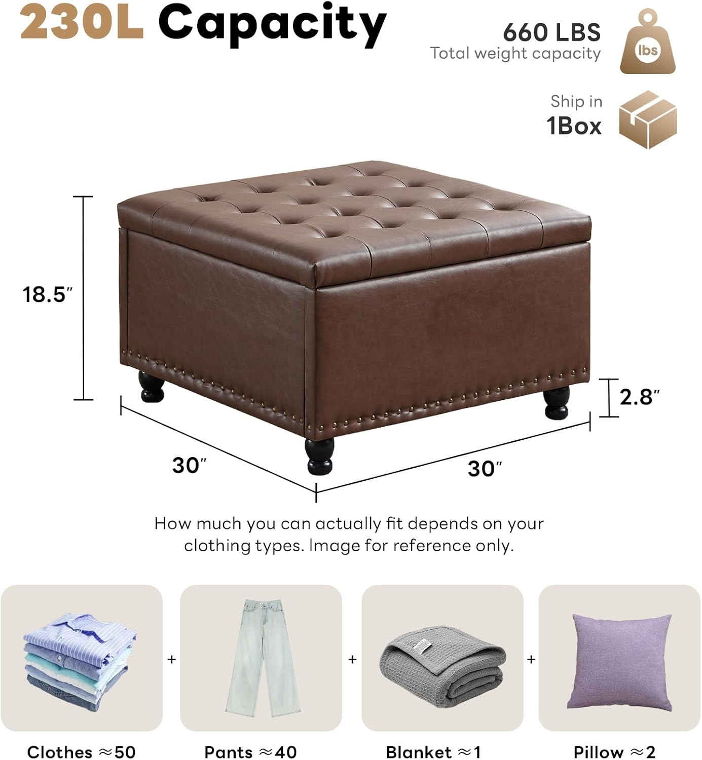 Tbfit Large Square Storage Ottoman Bench, Button Tufted Upholstered Coffee Table Ottoman with Wooden Legs, Oversized Storage Ottomans Toy Box Footrest for Living Room, Brown