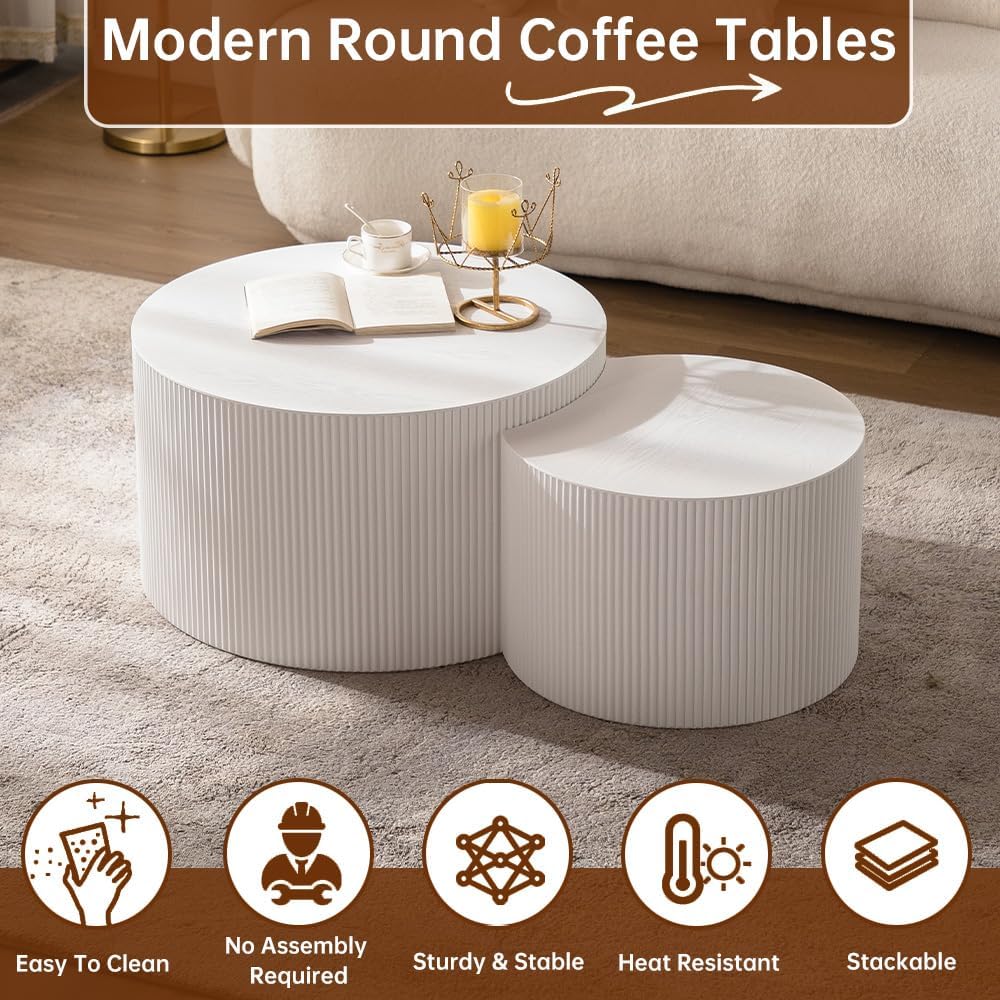 Round Nesting Coffee Table Set of 2 Modern Cream Fluted Coffee Table Small Round End Table Crescent Side Table Circular Coffee Tables Nested Coffee Tables for Living Room (Cream Large)