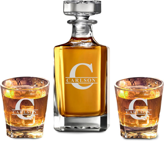 Personalized Square Whiskey Decanter Set for Men 750ml Luxury Gift for Valentine's, Birthdays, Anniversaries - Liquor Decanters with 2 or 4 Glasses Retirement, Weddings - 24 Engraved Design Options
