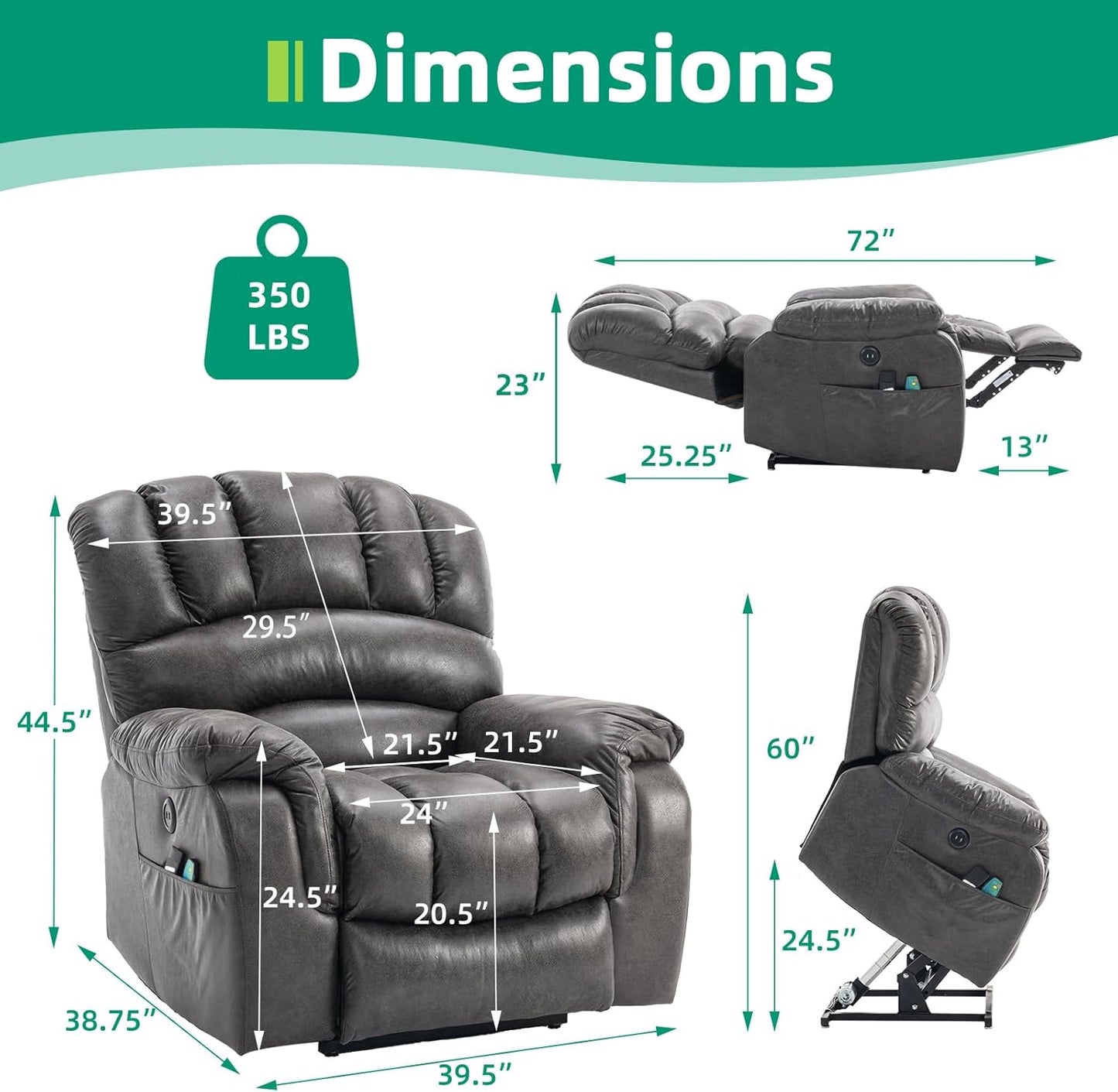 VIVIJASON Large Dual OKIN Motor Lay Flat Sleeper Lift Recliner Chair with Heat & Massage for Elderly, Infinite Position Electric Power Recliner with 2 Remote Controls, Side Pockets & USB Ports, Gray