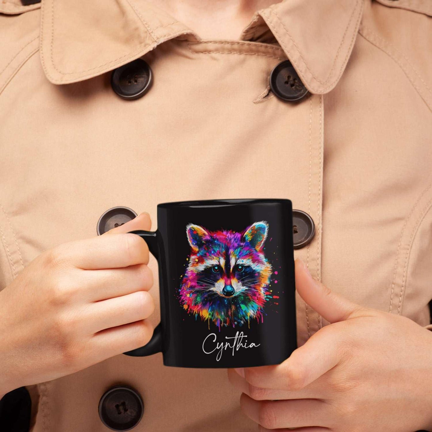 Colorful Raccoon Black Mug, Custom Choose Name Raccoon Coffee Cup, Gift For Men Women, Personalized Animal Lover Ceramic Mug, Customized Animal Design Cup 11oz 15oz