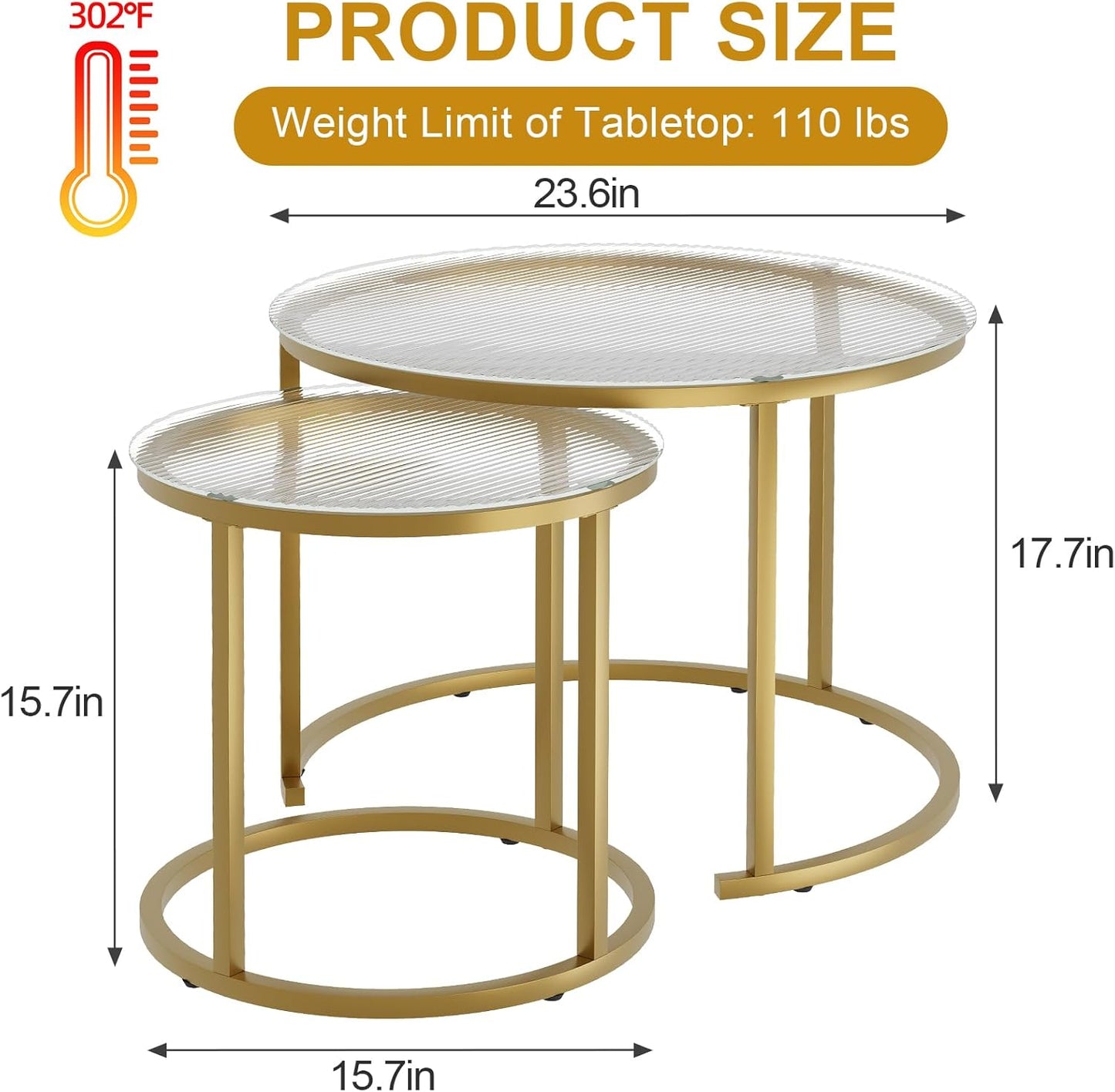 aboxoo Nesting Coffee Table Set of 2, Small Round Glass Nesting Tables for Living Room Bedroom, Accent Tea Table with Gold Metal Frame Modern Industrial Simple