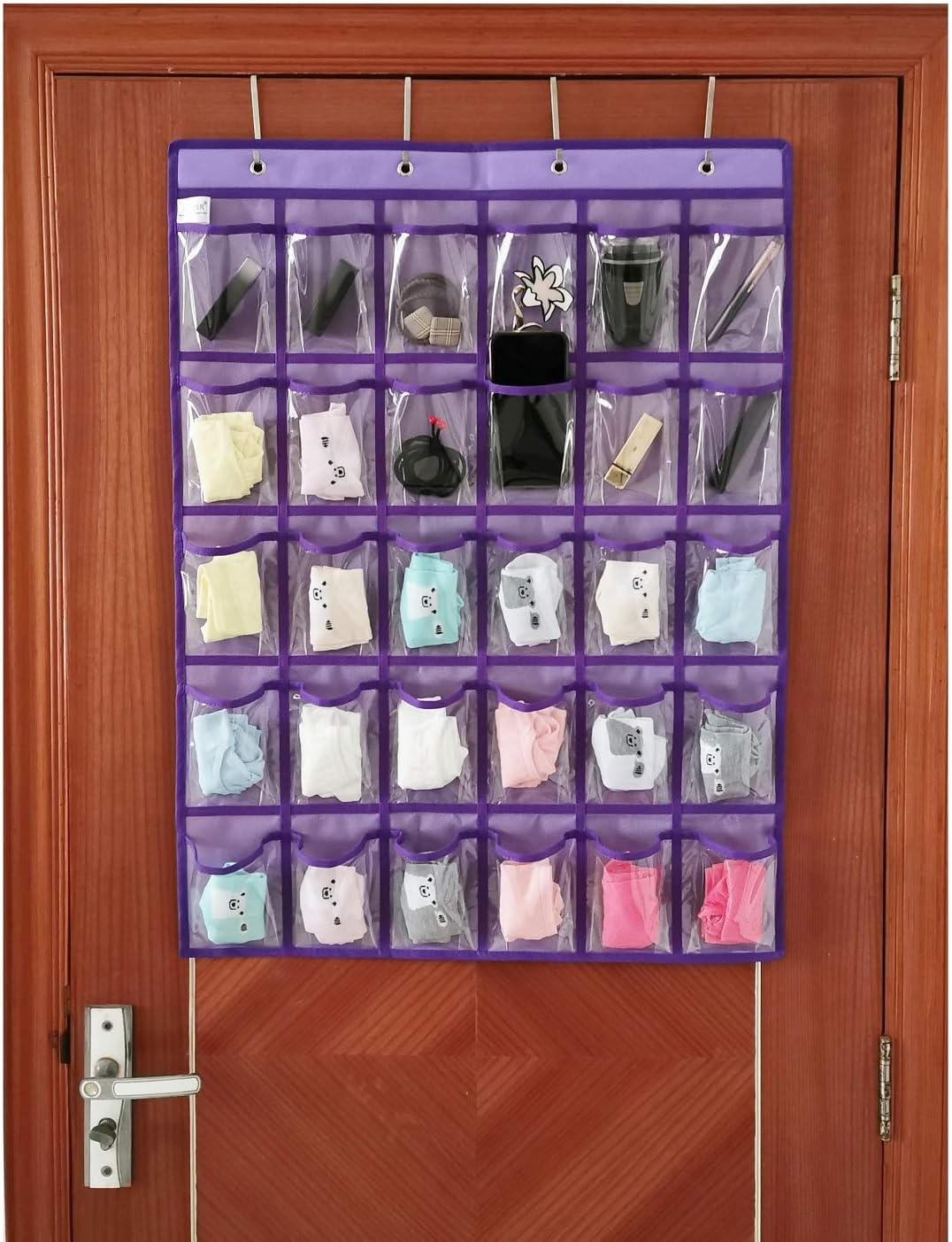 Classroom Pocket Chart for Phone Calculator Holder Over The Door Hanging Closet Jewelry Organizer with 30 Clear Pockets (Purple)