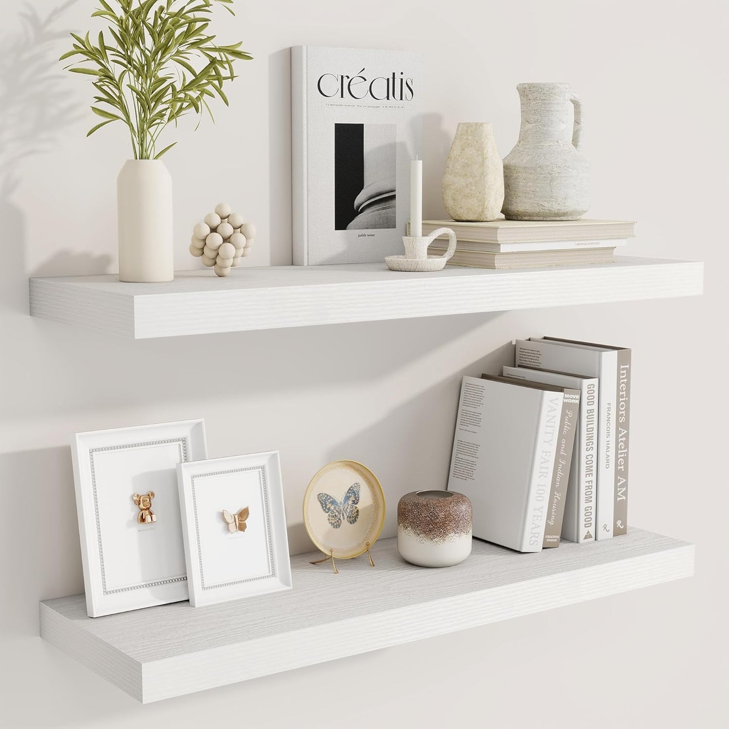 Fun Memories Floating Shelves for Wall, 30 Inch Rustic Wood Wall Mounted Shelves for Bathroom, Bedroom, Kitchen, Living Room, Deep Floating Shelves for Storage & Home Decor (White, Set of 2)