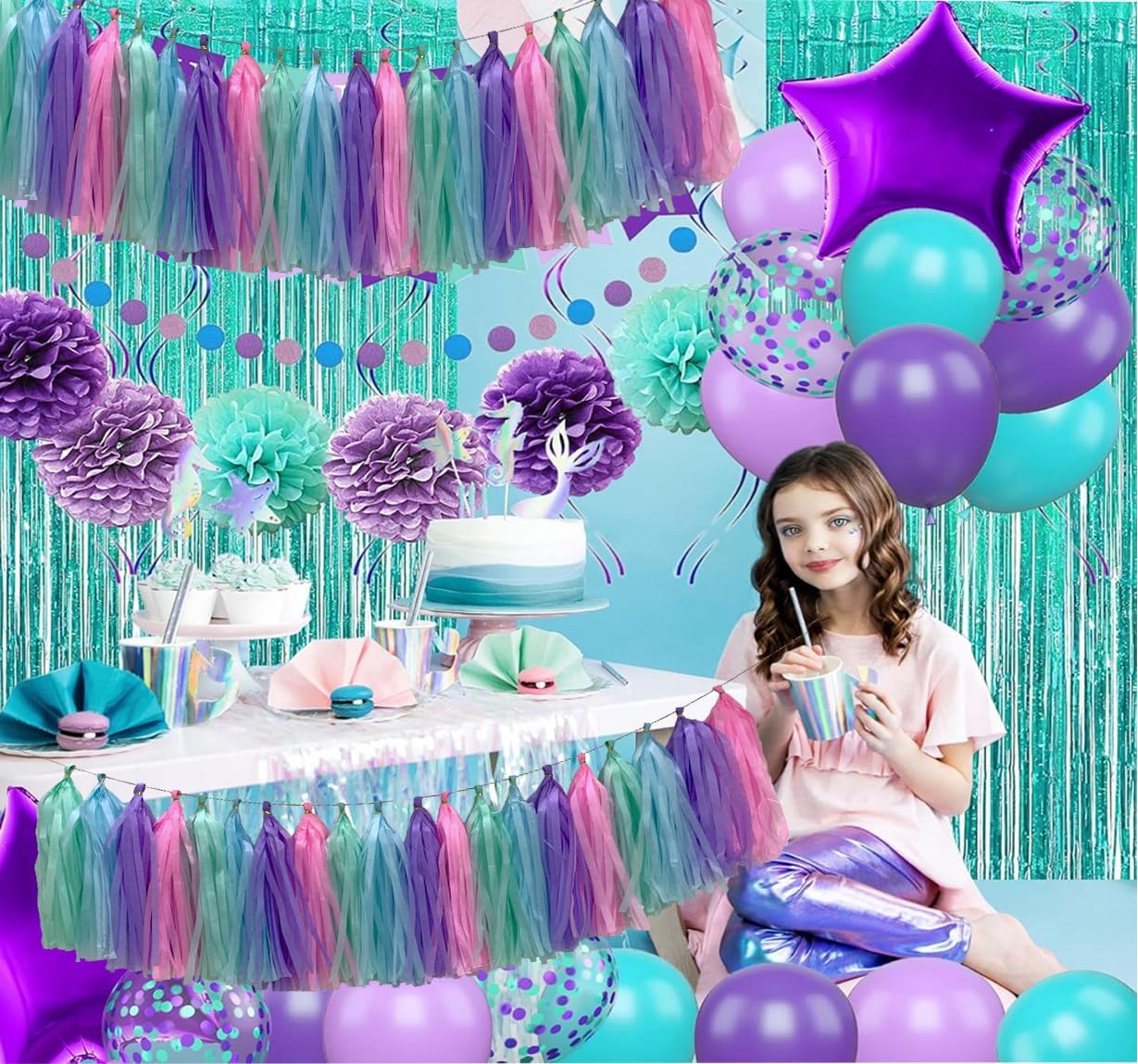 Blue Purple Mint Green Pink Tissue Paper Tassel Garland,Tissue Tassel Banner for Party Decorations,Pack of 20