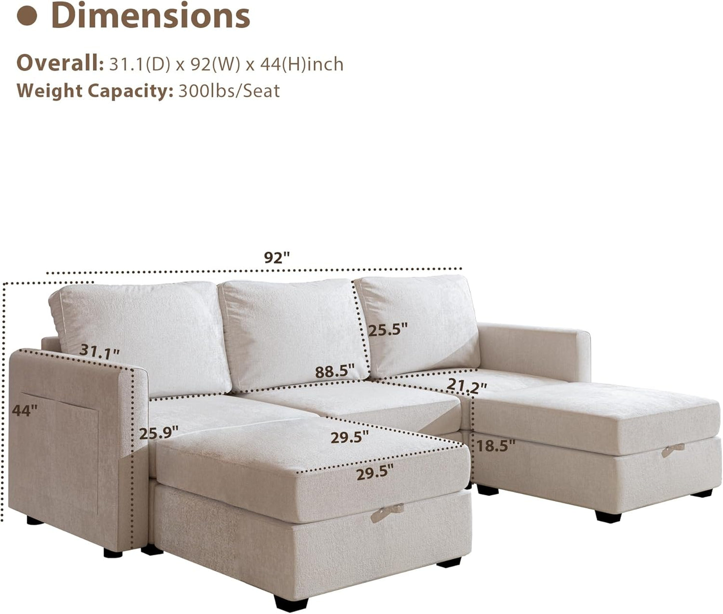 mestyl Modular Sectional Sofa Convertible U Shaped Sofa Couch Set with Storage for Living Room, Modern 3 Seater Modular Sectional Couch with 2 Movable Ottoman (Beige)