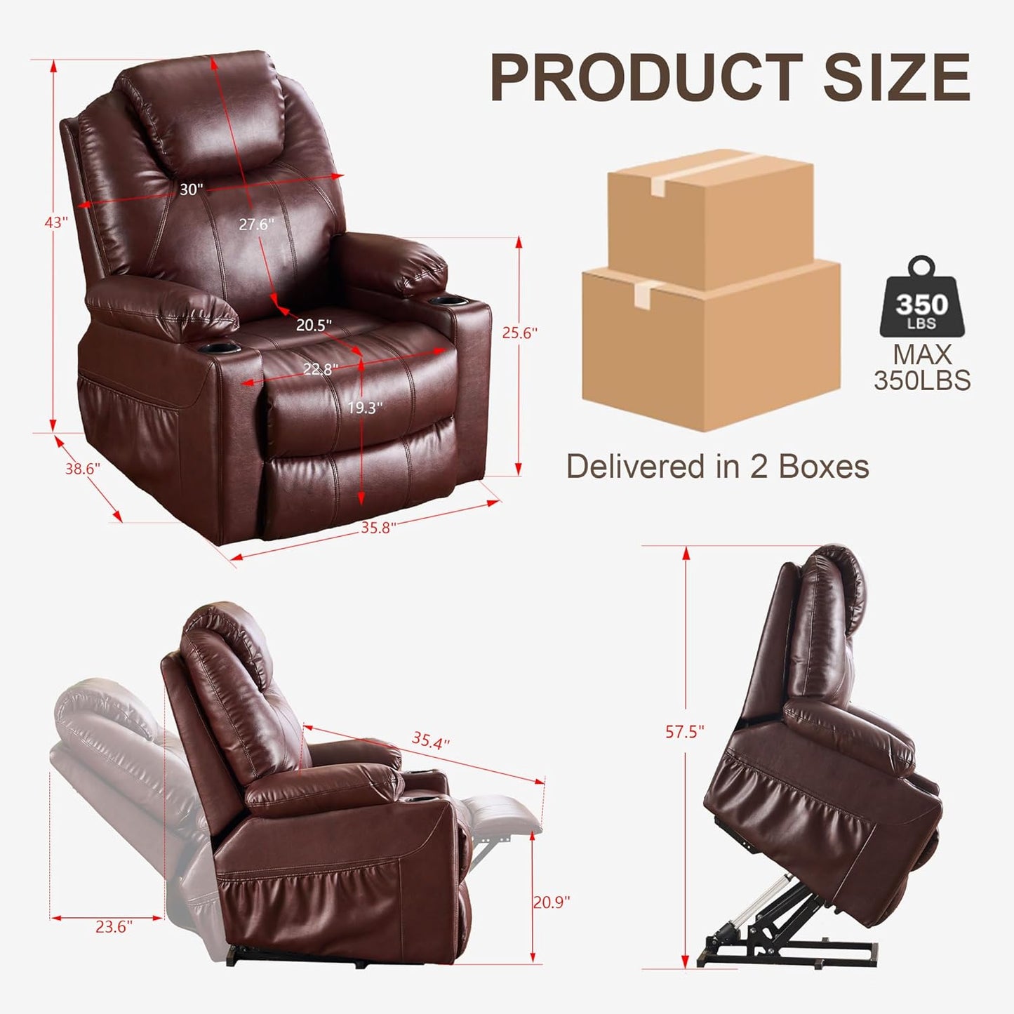SALOHZA Power Lift Recliner Chair for Elderly with Massage and Heat for Living Room, Electric Recliner Chair for Adults with USB/Type C Port/Cup Holders, PU Faux Leather, Chocolate Brown