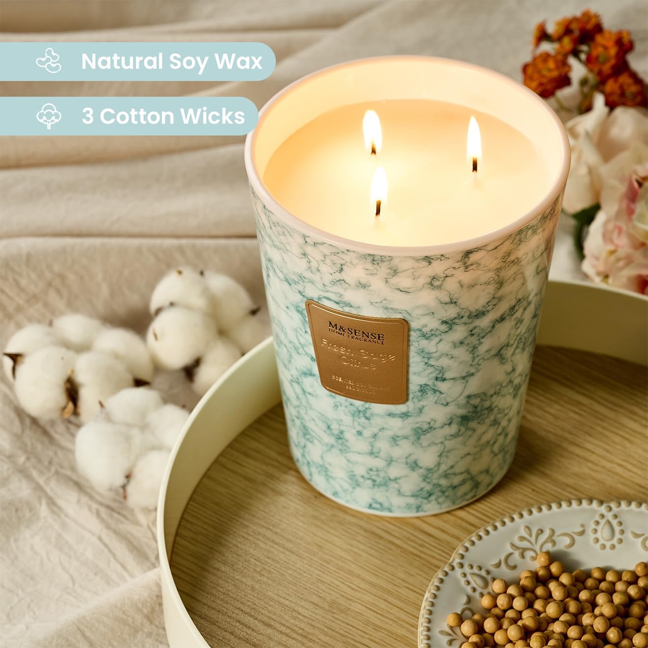 M&SENSE FreshSage Citrus Scented Candles for Home, 3-Wick Highly Scented Jar Candles, Extra Large Candle 35 Oz 150 Hours Long Lasting Burning, Relaxing Aromatherapy Candle for Stress Relief,Meditation