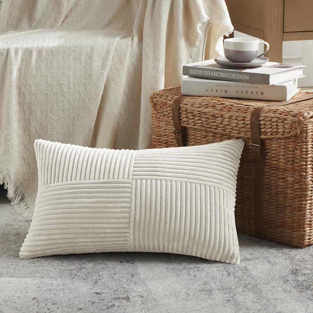 Fancy Homi 2 Packs Cream Lumbar Decorative Throw Pillow Covers 14x24 Inch for Living Room Couch Bed Sofa, Rustic Farmhouse Boho Home Decor, Soft Striped Corduroy Rectangle Accent Cushion Case 35x60 cm