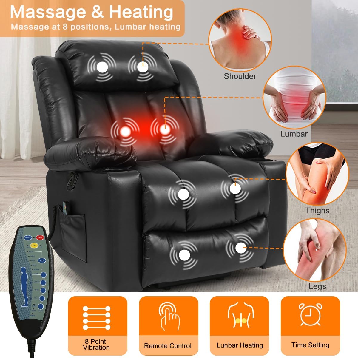 PARKOL Power Lift Recliner Chair for Elderly Breathable Leather Recliner Chair with Massage and Heat,2 Cup Holders,Electric Stand Assist,USB Ports,Gifts for Family (Black)