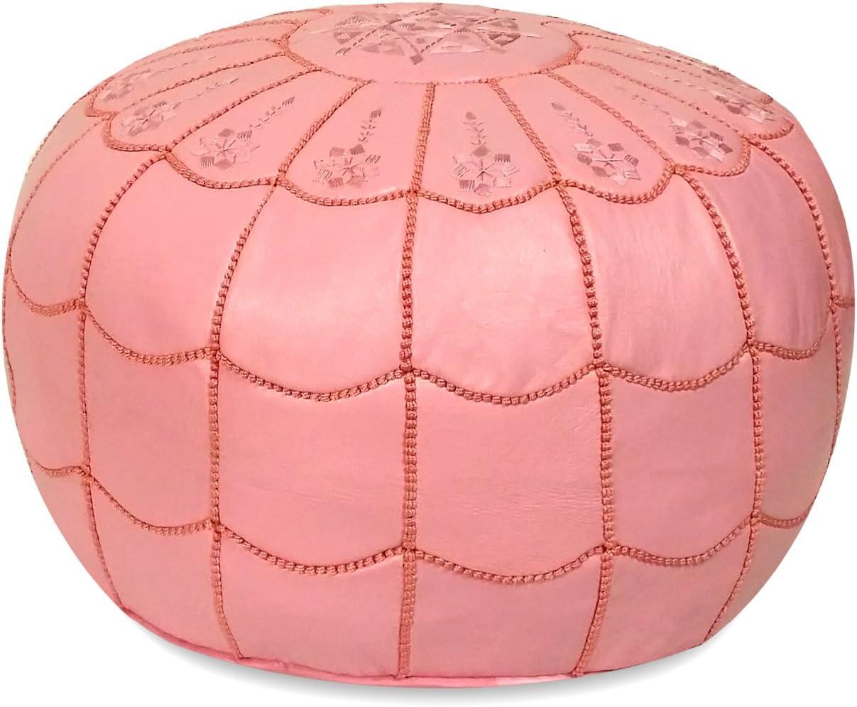 Stuffed Arch Design Moroccan Leather Pouf Ottoman, Handmade, Pre-Filled, 100% Genuine Leather, 14” Height x 22” Diameter – Boho Chic Footstool & Living Room Décor (Pink)