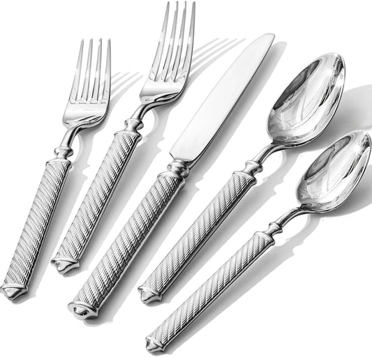 KINGSTONE Retro Rope-Pattern Silverware Set, 20-Piece Flatware Set Cutlery Set Forged with Handcrafted Texture Handles 18/10 Stainless Steel, Dishwasher Safe