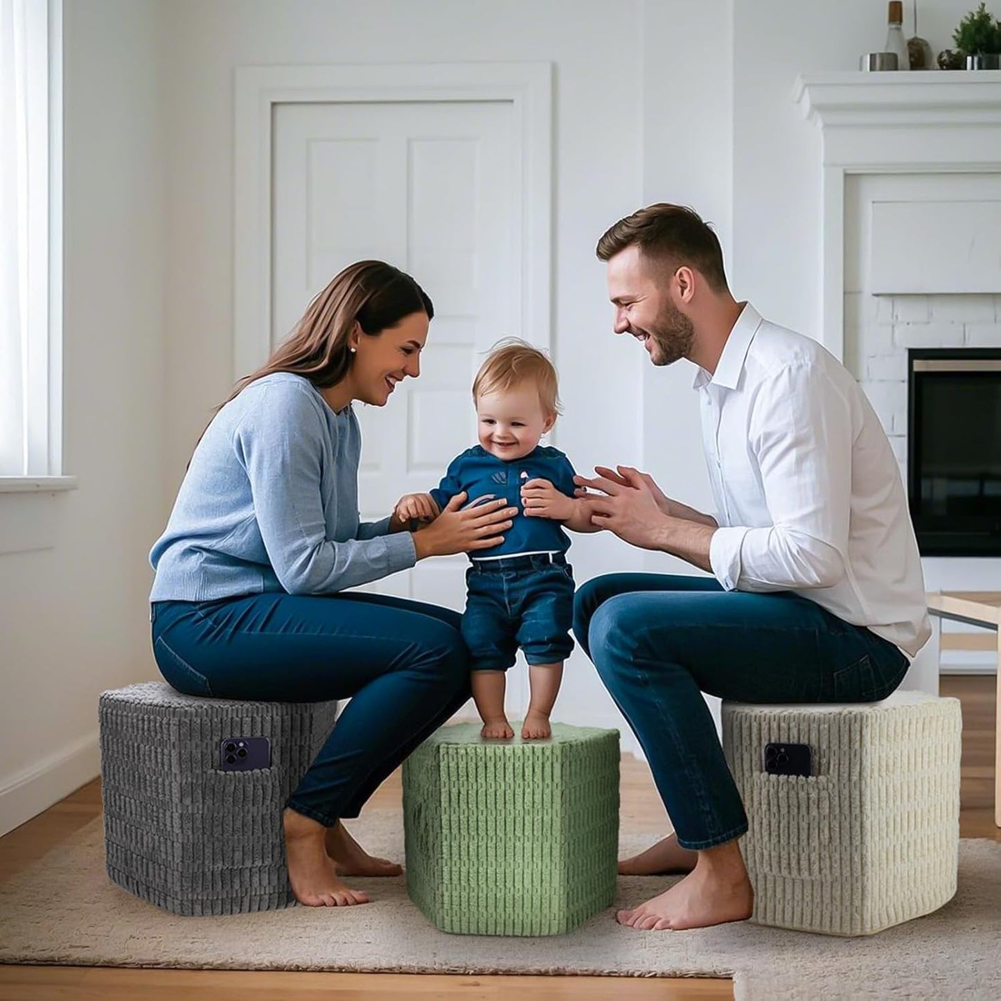 Hexagon Pouf Ottoman Stuffed with 2 Pockets & Handle, Comfort Corduroy Poufs, Non-Slip Foot Stool Storage Ottoman, Foam Floor Poufs Foot Rest for Couch, Bedroom (Gray)