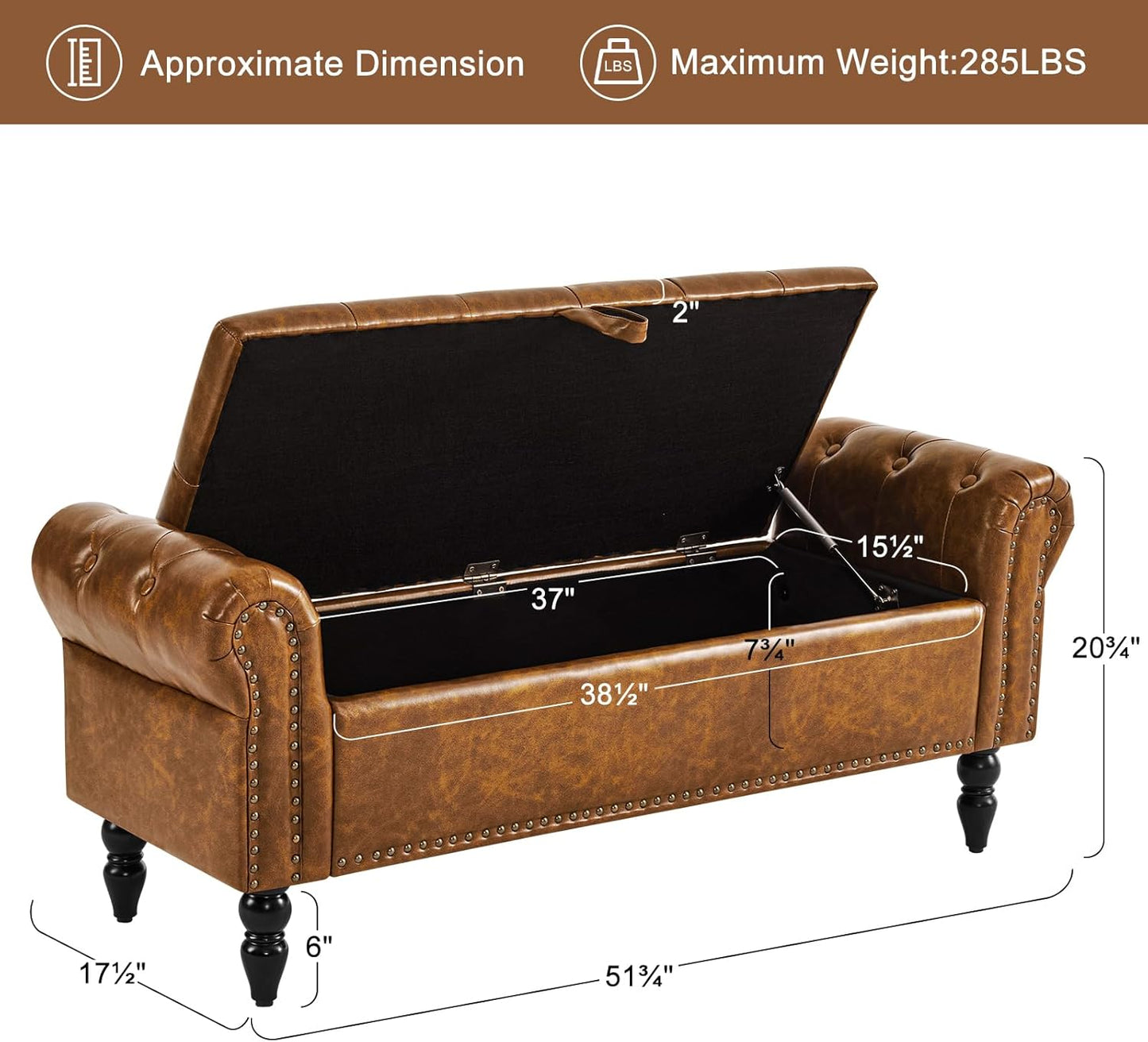 Furniliving Storage Ottoman Bench, Leather Benches End of Bed Bench with Solid Wood Legs Upholstered Ottoman Bench with Storage Indoor Bench for Living Room with Rolled Arm, Entryway, YellowBrown