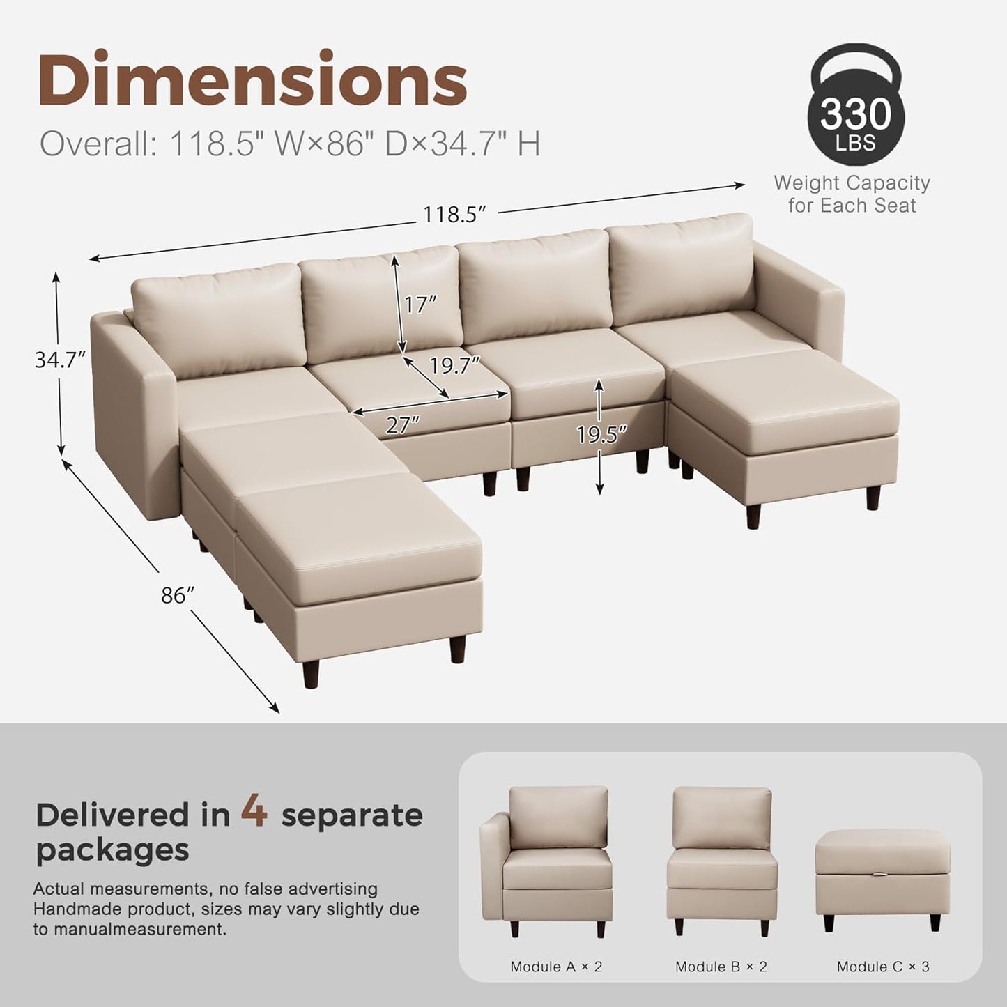 118.5" Faux Leather Modular Sectional Sofa, 7 Seater U Shaped Couch with Storage Seat with Reversible Chaise Deep Seat for Living Room Whitesand