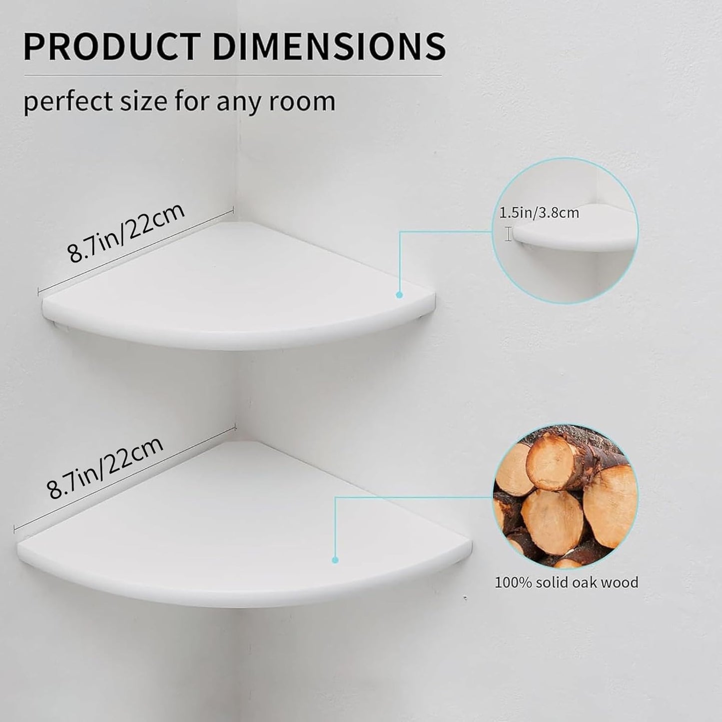 Corner Shelves, Floating Corner Shelf, Set of 2 White Solid Oak Wood Wall Shelves, Round End Wall Mount with Wire Hole Shelving for Small Plant for Bedroom Kitchen, Living Room 8.7"