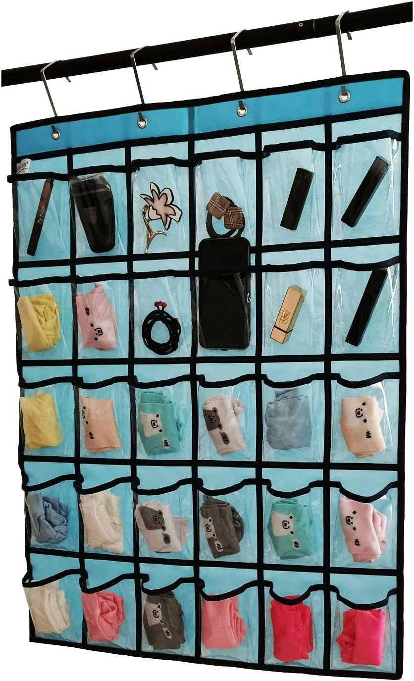 Classroom Pocket Chart for Phone Calculator Holder Over The Door Hanging Closet Jewelry Organizer with 30 Clear Pockets (Blue)