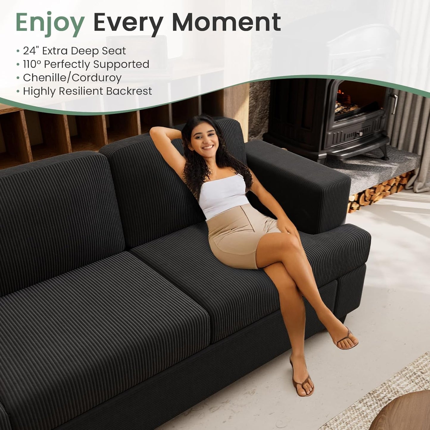 3 Pieces Corduroy Couch Set for Living Room, 7 Seats Cloud Sofa, Deep Seat Floor Couch for Bedroom, Futon Modern Sofa Sectional Bed, Black Corduroy