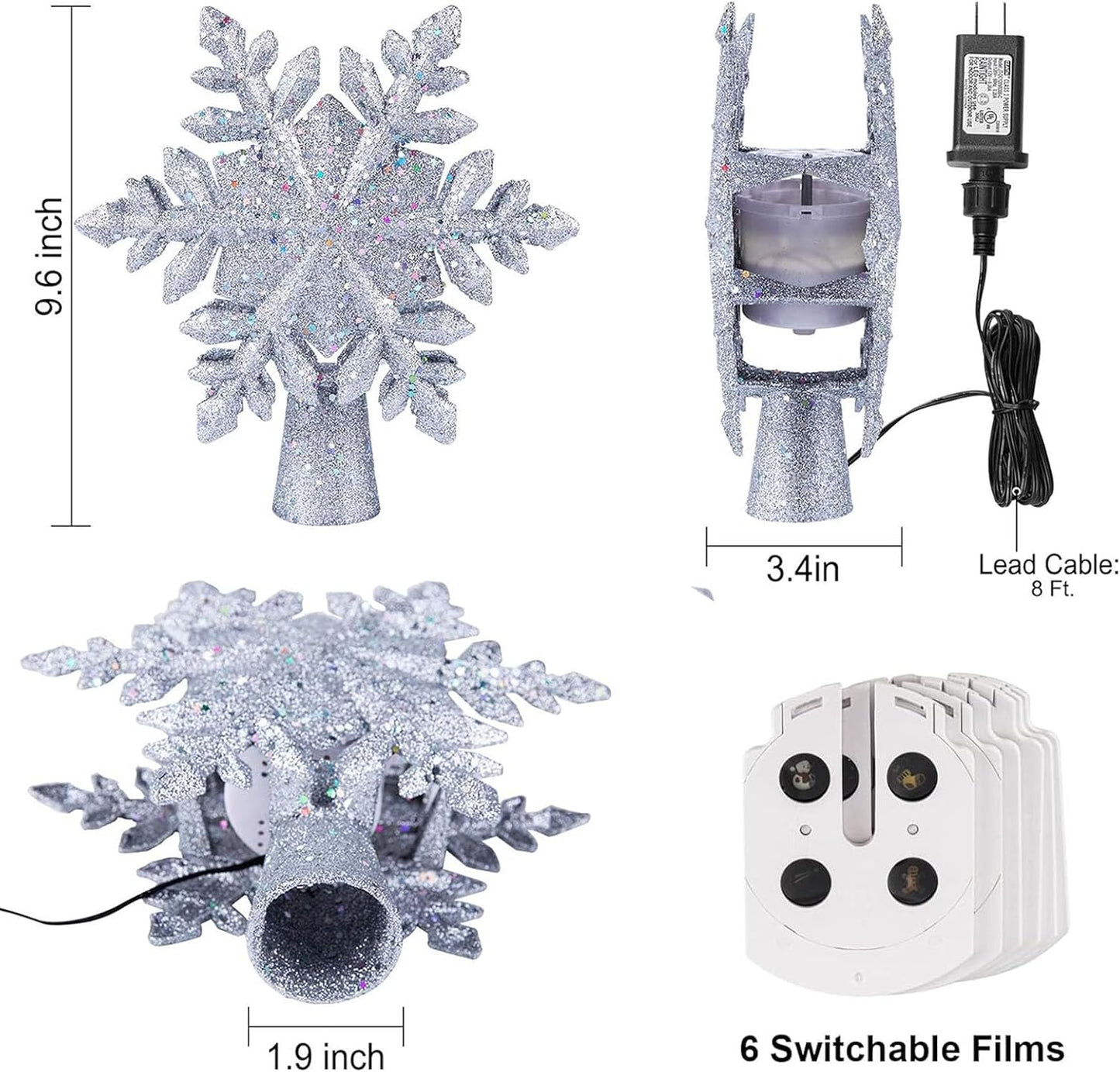 Christmas Tree Topper Lighted with 6 Projection Modes, 9.6” Hollowed Snowflake Tree Topper with Silver Spangles Plug in for Indoor Home Xmas New Year Party Holiday Night Tree Decor