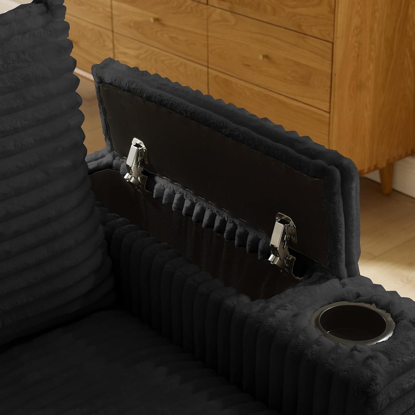 Modular Sectional Sofa Couch, Plush Corduroy Fabric Sectional Couches for Living Room with USB Charging Ports, Phone Holders, and Multi-Functional Storage Armrests (Black, 3set+1ottoman)