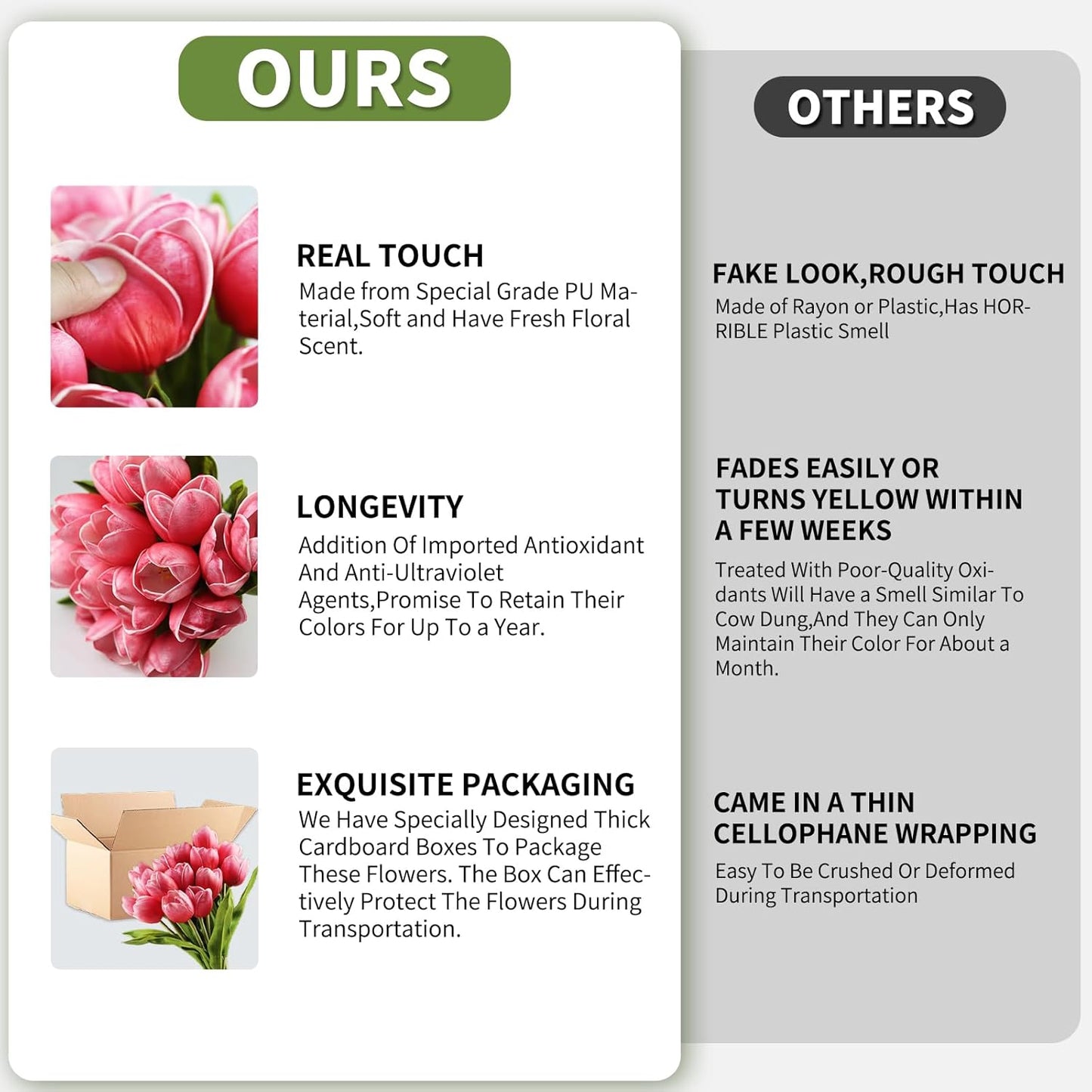 Buart Artificial Tulip in Bulk for Home Kitchen Wedding Bridal Bouquet,Fake Flowers for Mother's Day Easter Table Centerpieces Decorations(Large Size,Hot Pink,Real-Touch,12pcs)