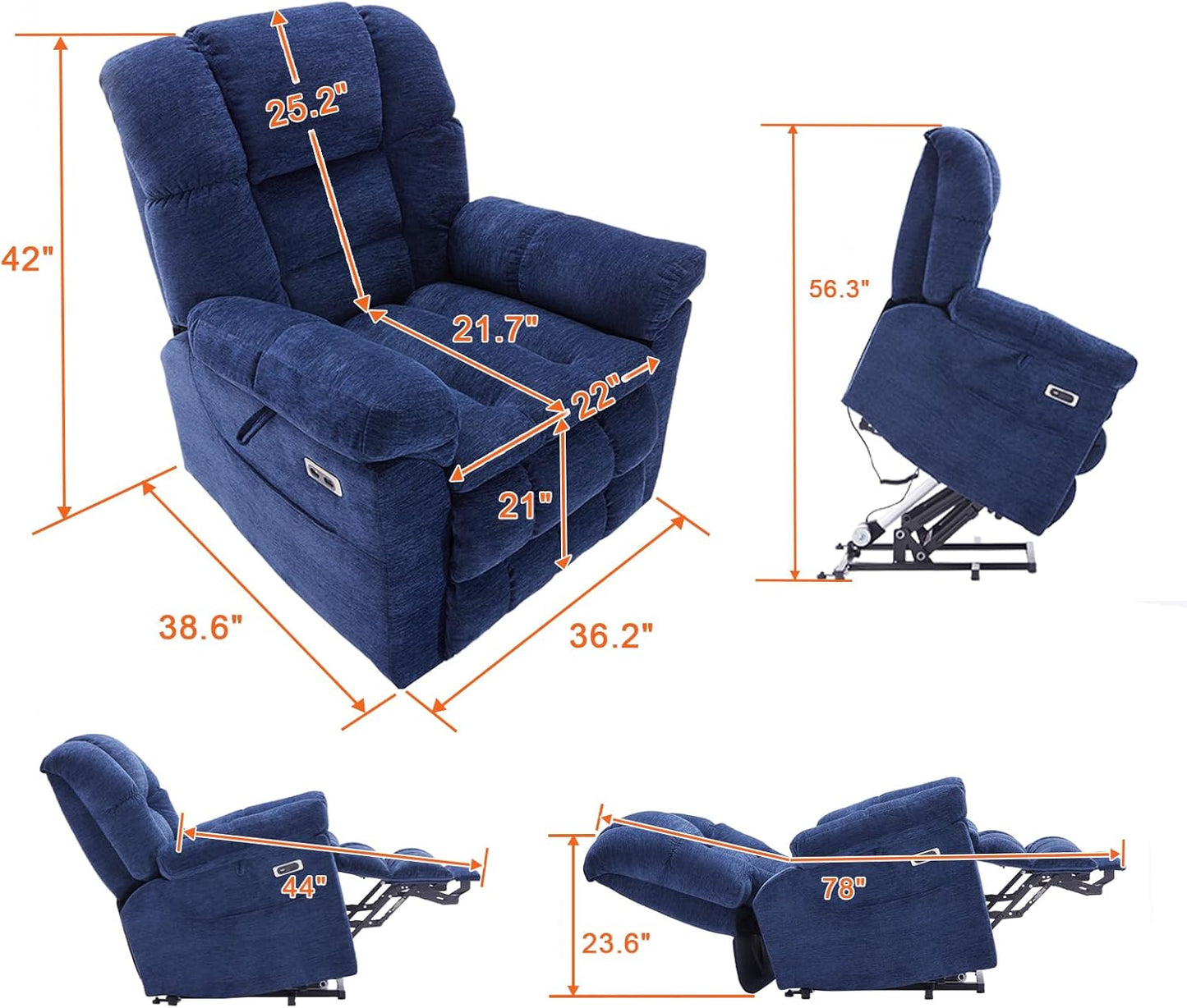Triple Motor Power Lift Recliner Chair with Massage and Dual Heat for Elderly People, Zero Gravity Lay Flat Recliner Infinite Position, USB Ports（Navy Blue）