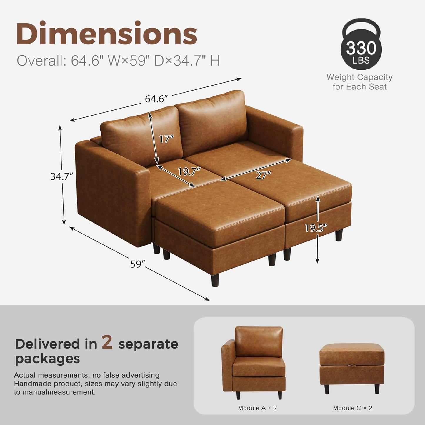 64.6" Faux Leather Loveseat Sleeper Sofa Bed with Storage Seat, Modern Modular Sectional Couch Deep Seat with Reversible Chaise 2-Seat Brown for Apartment, Living Room, Bedroom