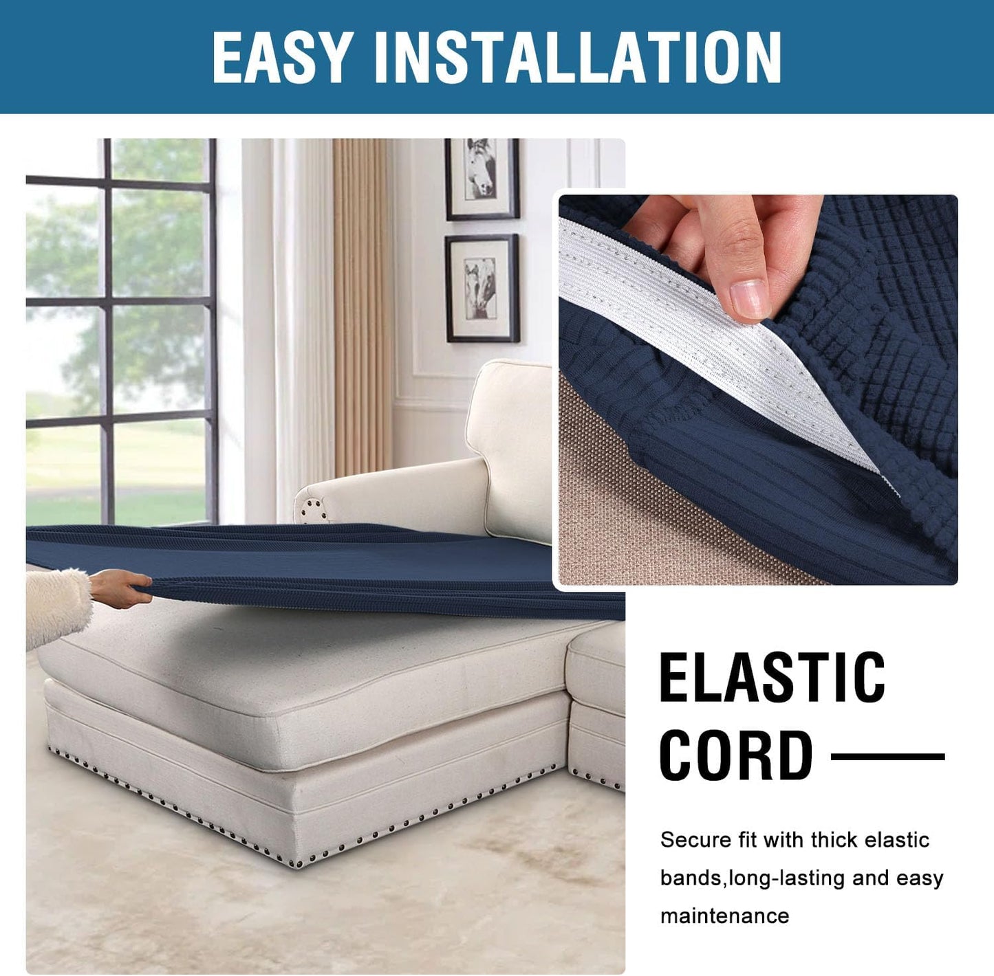 H.VERSAILTEX Super Stretch Individual Chaise Cover Sectional Couch Covers for L Shaped Sofa Both Left/Right Featuring Thick Jacquard Textured Twill Fabric (1 Piece Chaise Cover, Navy)