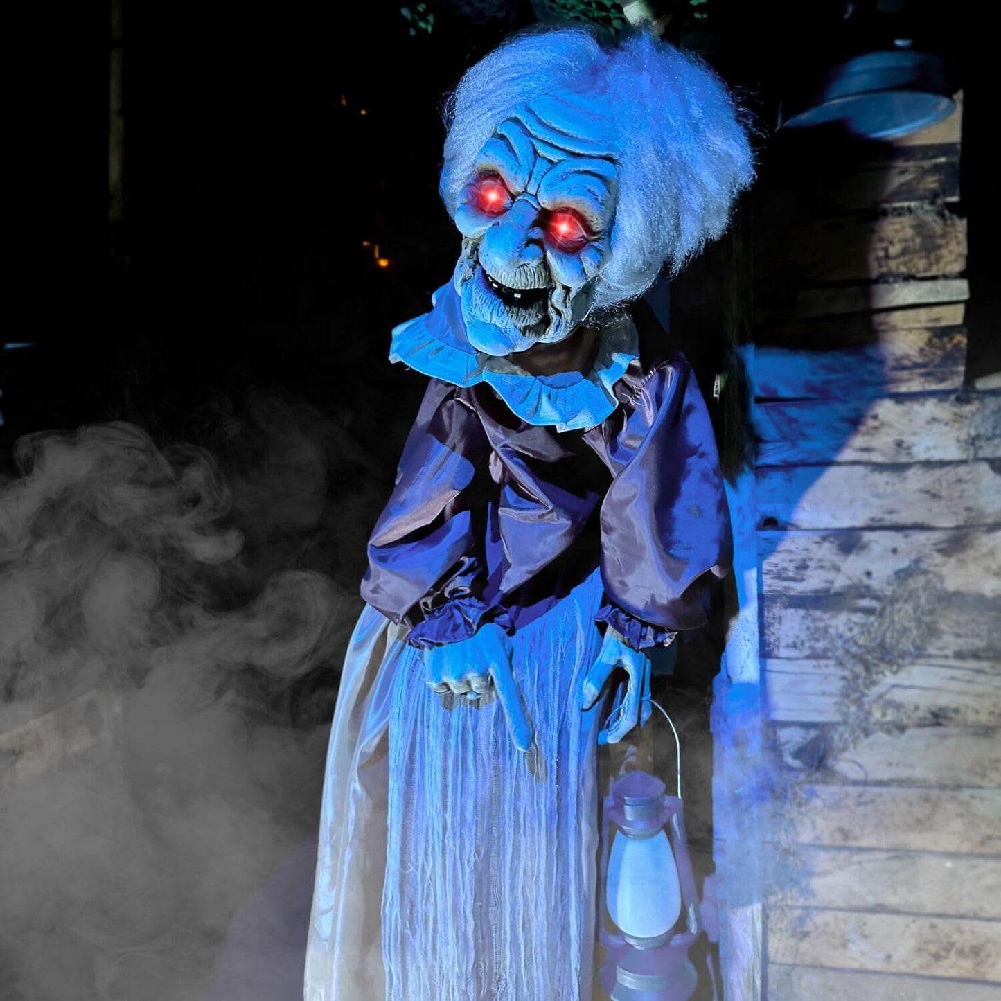 Haunted Hill Farm Lifesize Animatronic Scary Old Lady Zombie with Motion Activated Lights and Sound, Battery-Operated Indoor or Covered Outdoor Halloween Decoration