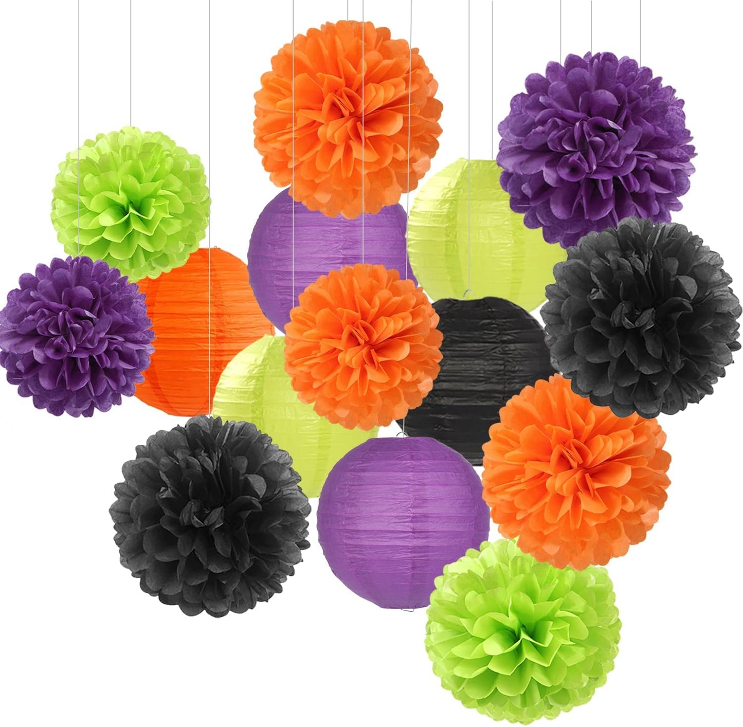 Black-Orange Purple Green Halloween Party-Decorations - 15PCS Paper Flowers Lanterns Tissue Pom Poms Streamers,Vintage Birthday Baby Shower Bachelorette Wedding Bathroom Hanging Supplies Decor Hugfond