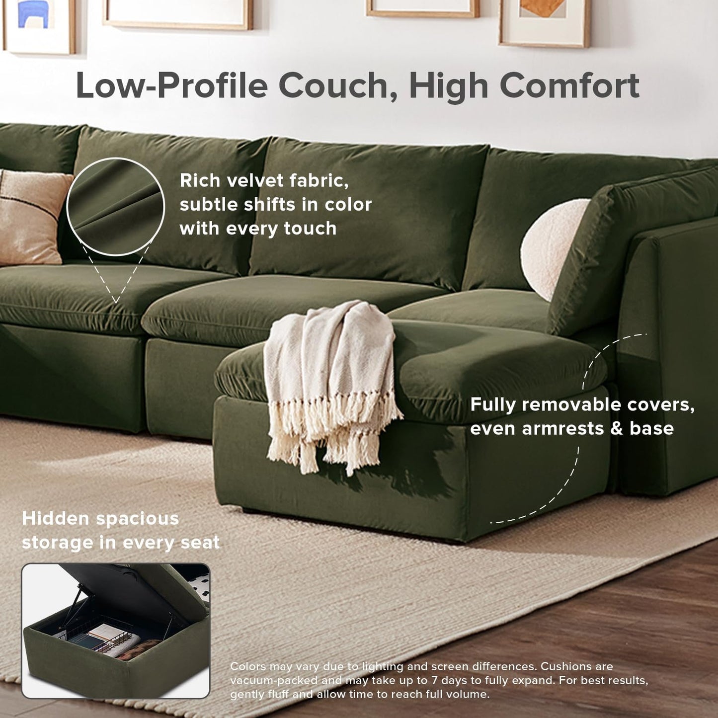 mopio Oversized Modular Sectional Sofa with Fully Removable Covers and Storage, Convertible U, L-Shaped and Sleeper Sectional, Modern Couches with Ottoman Chaise (Olive Green Velvet, 6 Seats, L)