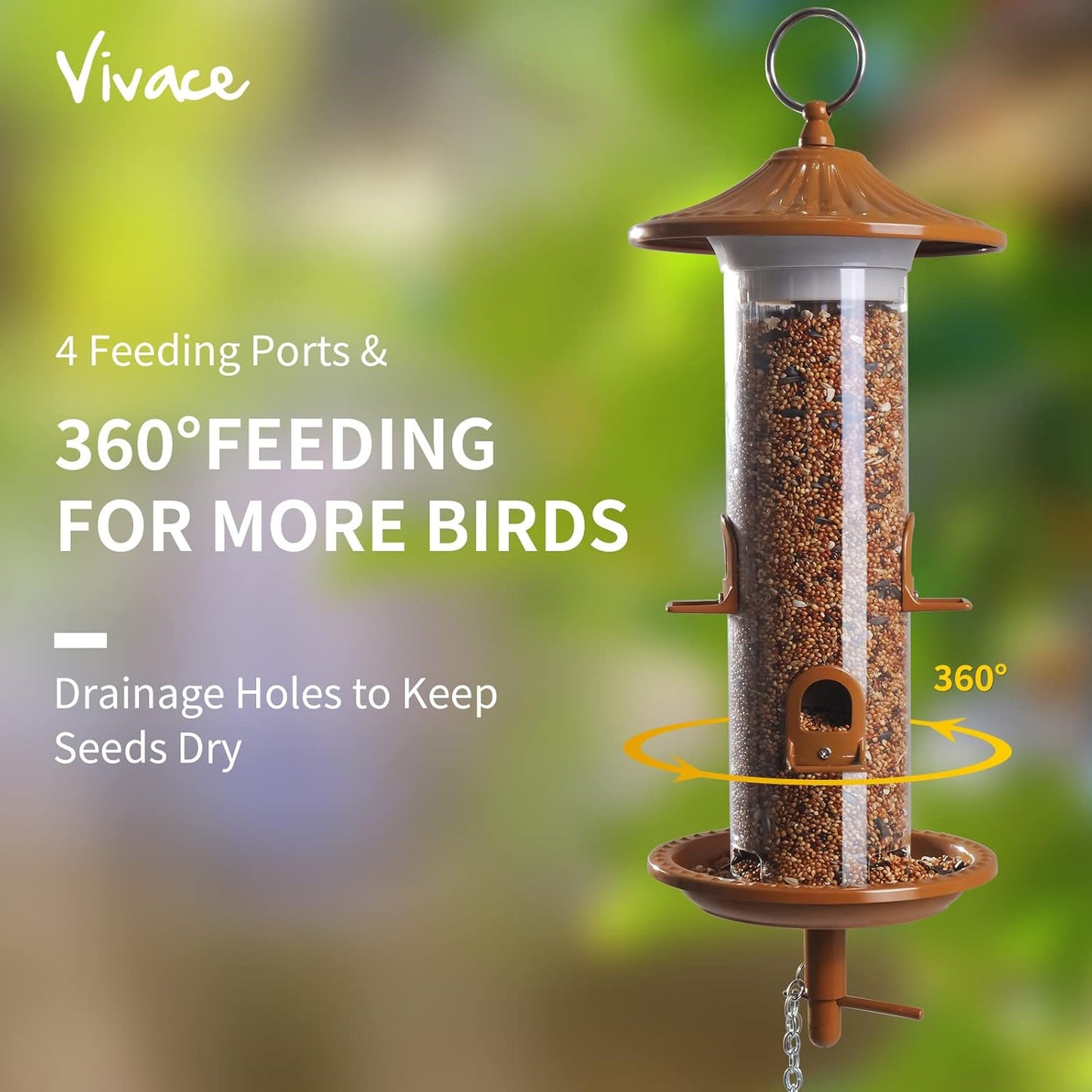Vivace Hanging Bird Feeders, Easy to Fill 12" Tube Metal Bird Feeder for Outdoors, 4 Ports, with S Hook