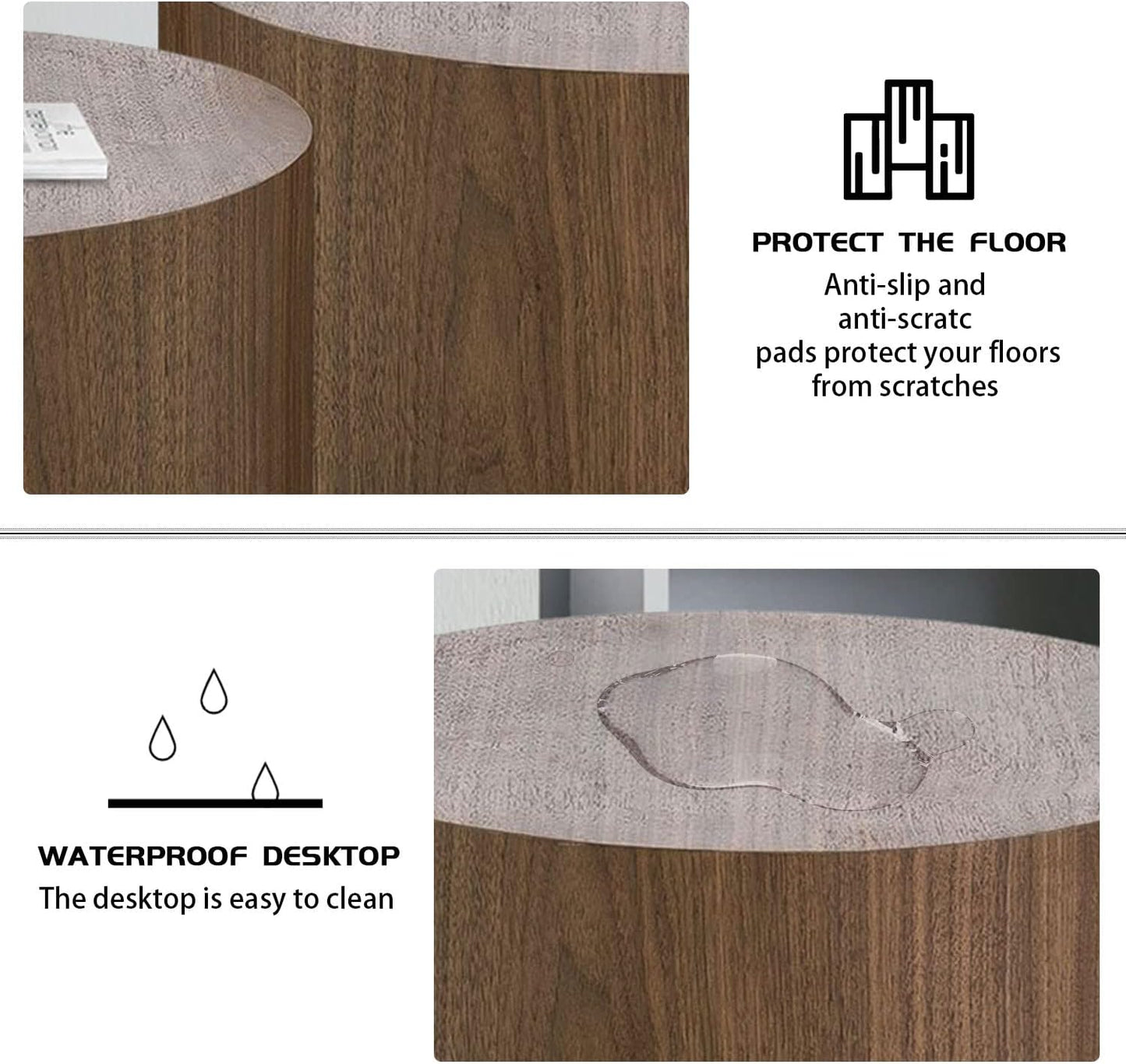 Nesting Coffee Table Set of 2, Round Side Tables Set, Wooden Accent Table, Modern End Tables, Minimalist Circle Table for Small Space Living Room Bedroom, Walnut