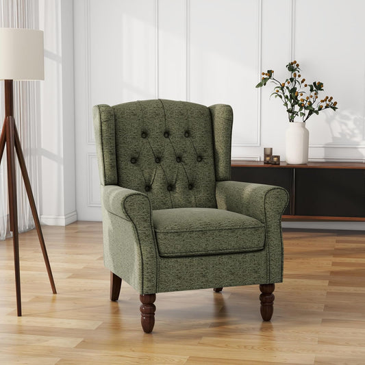 UIXE High Back Accent Chair, Upholstered Armchair in Fabric for Living Room, Retro Wingback Arm Chair Comfy Single Sofa Bedroom Reading Seat with Solid Wood Legs - Green