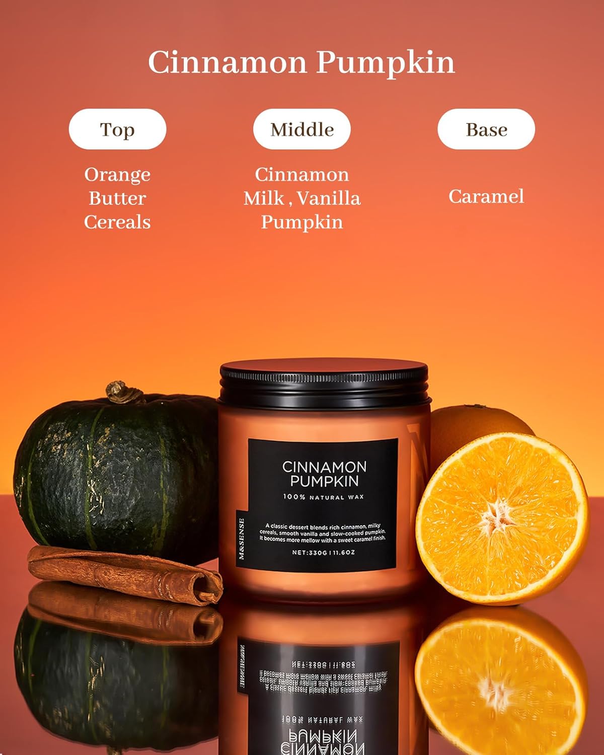 M&SENSE Cinnamon Pumpkin Fall Scented Candles, 11.6oz Soy Natural Candles 70 Hours Long Lasting Slow Burning Halloween Autumn Candle Gifts for Home Decor