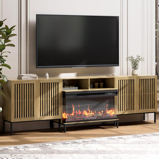 3-Sided Glass Farmhouse Fireplace TV Stand for TVs Up to 100 Inch, Entertainment Center with 36" Electric Fireplace, Oak TV Console with Storage Cabinets for Living Room