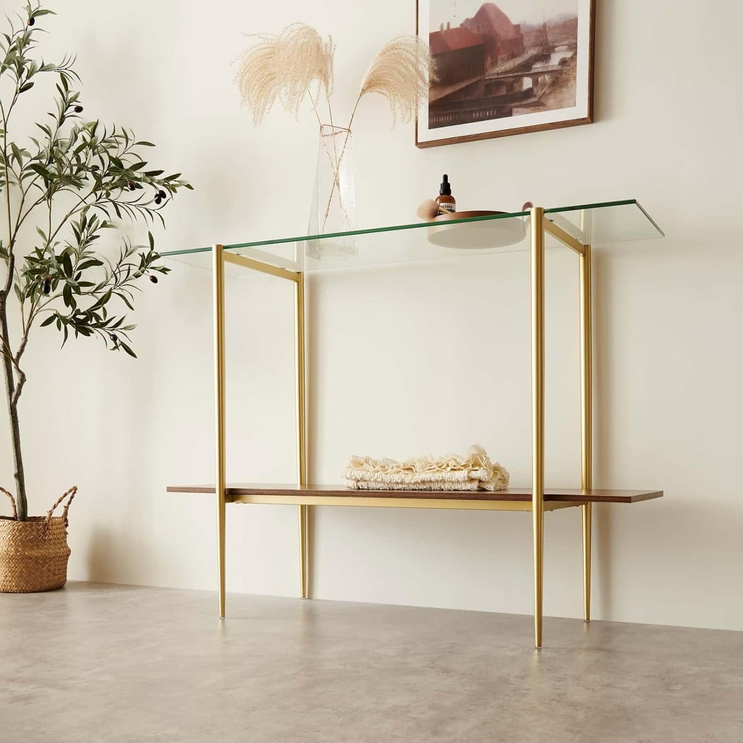 Glass Console Table for Living Room, Foyer & Entrance, 2-Tiers Mid-Century Modern Sofa Table with Clear Glass Top, Walnut Finish Wood Top and Gold Finish Metal Frame