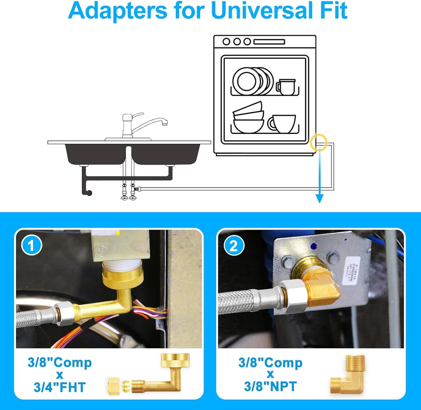 Dishwasher Installation Kit - 10 FT Stainless Steel Braided Dishwasher Hose kit,Food Grade PEX Inner Tube Water Line with Add A Tee,3/8"MIP Elbow,3/8"x3/4"FHT Elbow