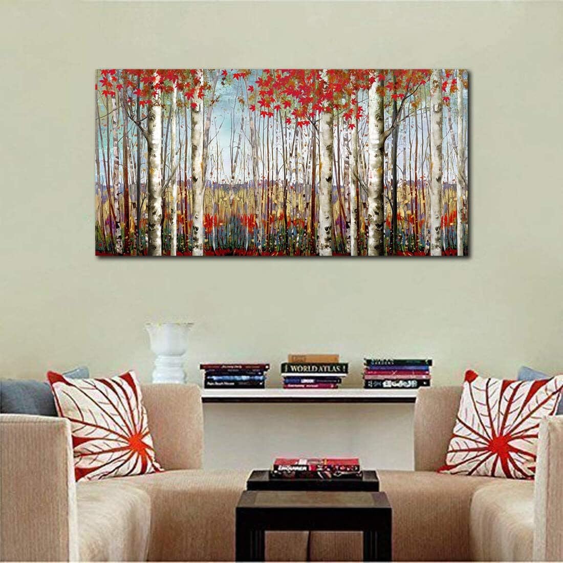 Canvas Wall Art for Living Room Bedroom Modern Wall Decor of Red Leaves White Birch Tree Forest Giclee Print Painting Artwork Wall Decoration 24x48 Large Size with Wood Framed Easy to Hang for Home