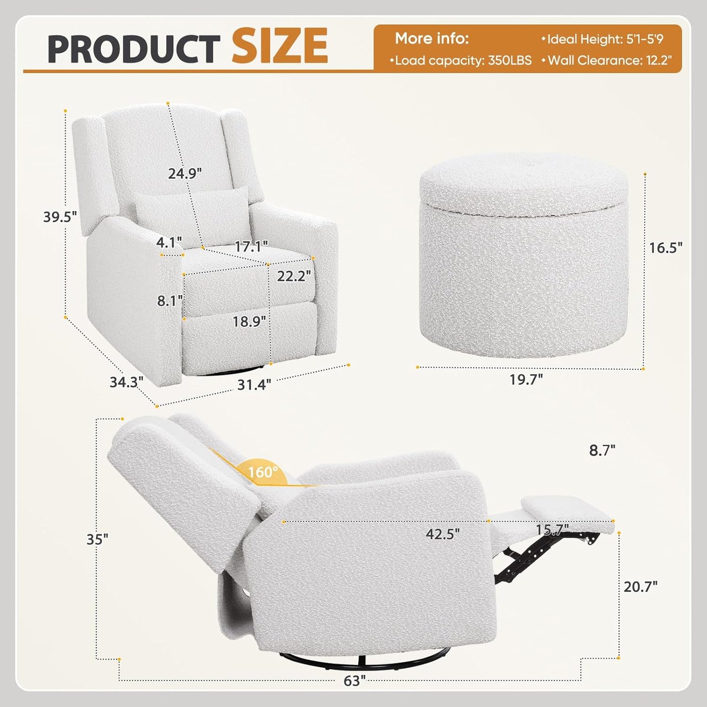 Power Recliner Chair Swivel Glider, Large Rocker Recliner w/USB Charging Port, Boucle Upholstered Swivel Rocker Glider Recliner for Nursery,Bedroom,Living Room,Set of 2,Cream