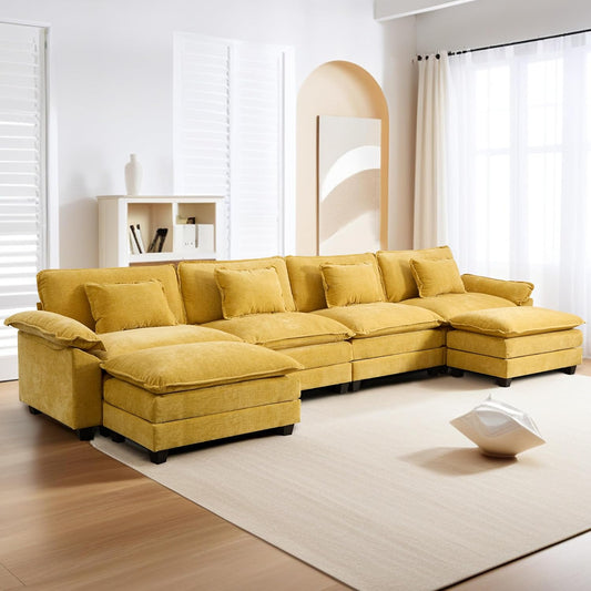 URRED Modular Sectional Sofa Comfy Cloud Couch, Modern Chenille Sofa Sleeper Deep Seat Couches with Ottoman/Pillows for Living Room (Yellow, 154'' - U Shape)