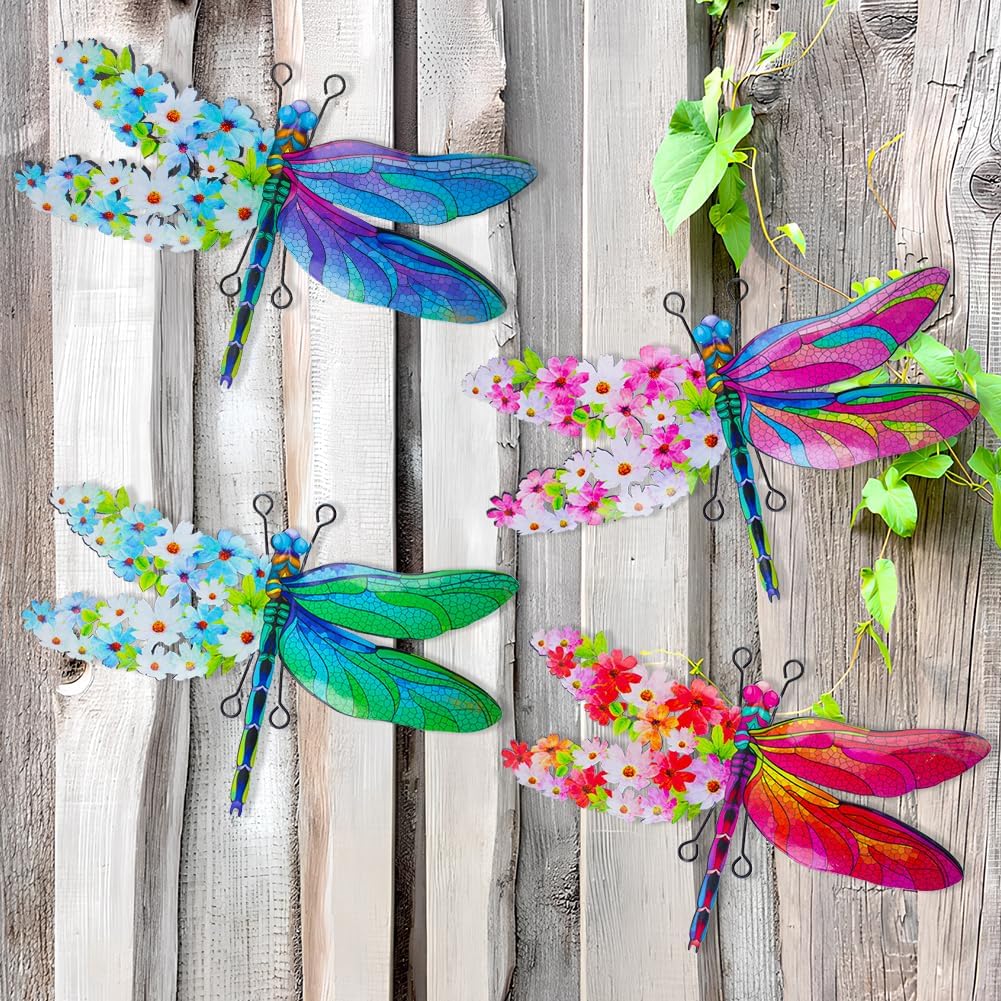 Dragonfly Wall Decor, 4 Pack Metal Outdoor Wall Decor Art, Colourful Dragonfly Decor for Garden Yard Patio Fence Living Room Bedroom