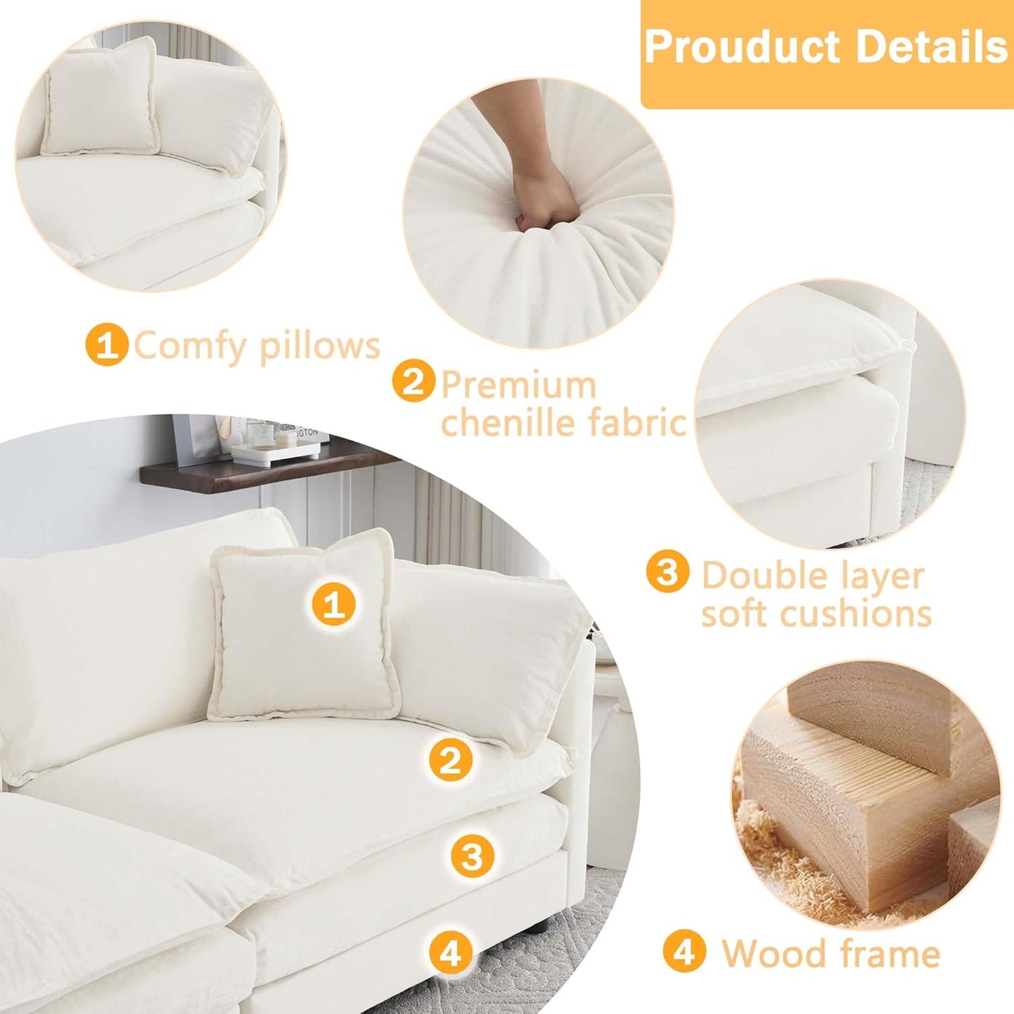 Sectional Sofa 4 Seater with Movable 1 Ottoman,Oversized Modular Couch Deep Seat (Beige, 146.5 inch-L)