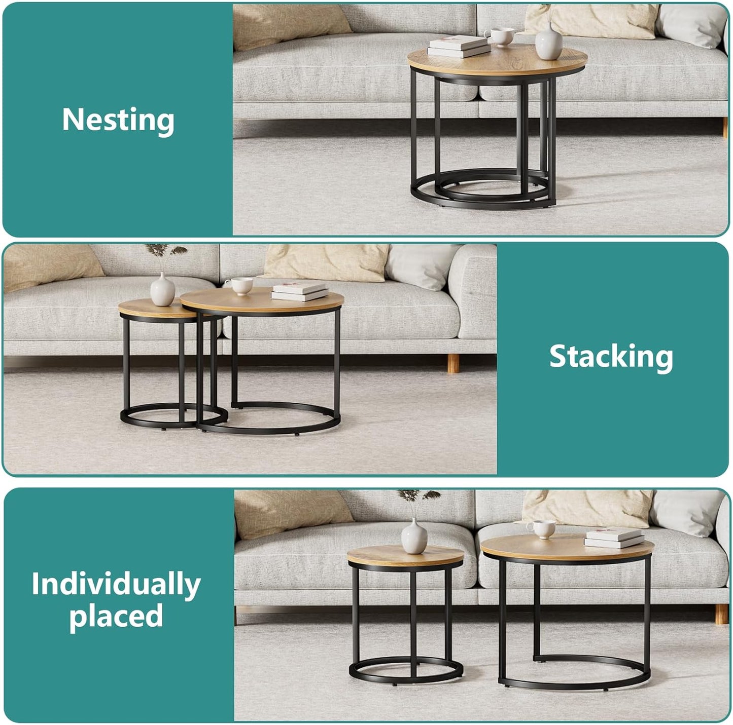 Smuxee Nesting Coffee Table Set of 2, 23.6" Round Coffee Table Brown Wood with Adjustable Non-Slip Feet, Industrial End Table Side Tables for Living Room Bedroom Balcony Yard