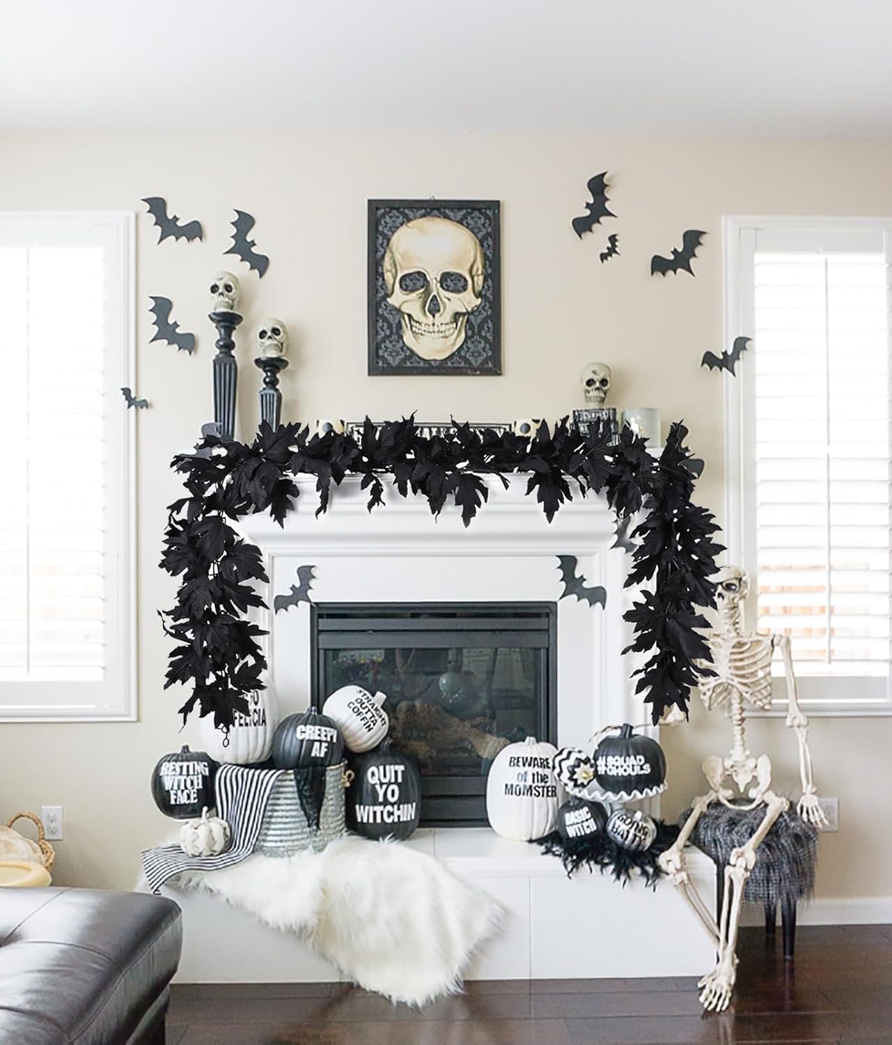 Lvydec 2 Pack Black Halloween Fall Maple Garland - 5.9ft/Piece Artificial Hanging Fall Leave Vines Garland Autumn Decor for Thanksgiving Home Wedding Party