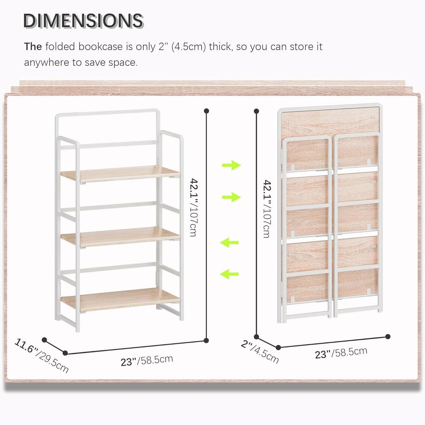 4NM No Assembly Foldable Bookshelf, 3-Shelf Collapsible Bookcase Storage for Small Spaces, 42.1" H, Natural White