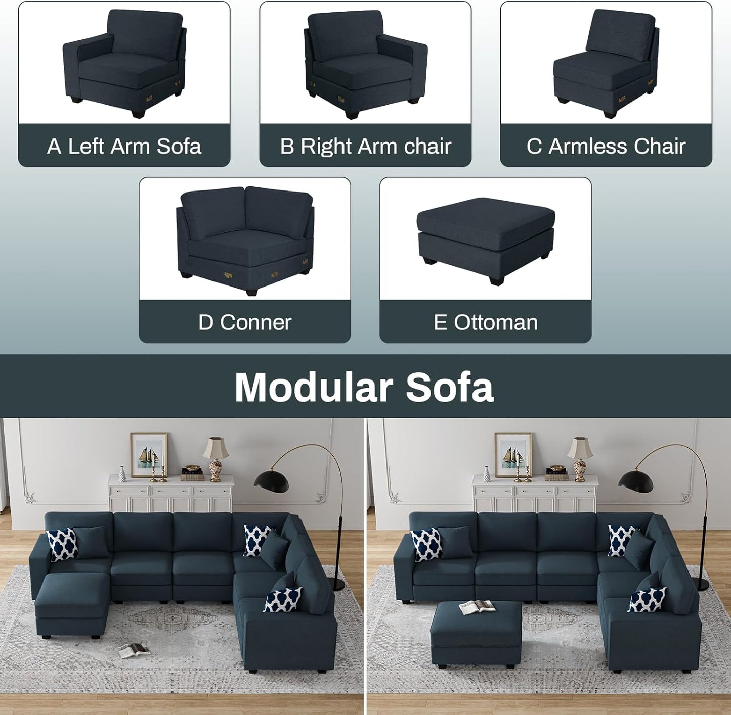 L Lengend Vansen Modular Sectional Sofa U Shaped Couch with Ottoman Modern Reversible Corner Sectional Couch for Living Room (Charcoal, U Shaped Sofa-2)