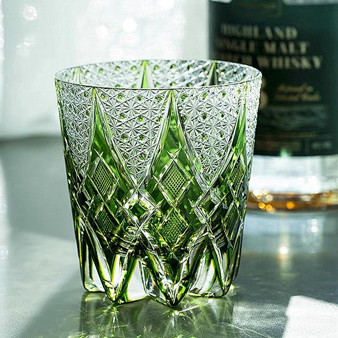 JEKE Edo style Hand Carved Drinking Glass Crystal Whisky Glass 340ml Tumbler For Whiskey Cocktail-Vodka-Beer Drinkingware Glasses In Gift Carton (Green)